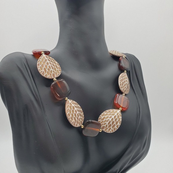 Brown Beaded Chunky Necklace Leaves Plastic‎ Autumn Womens Fashion Jewelry - Picture 2 of 10